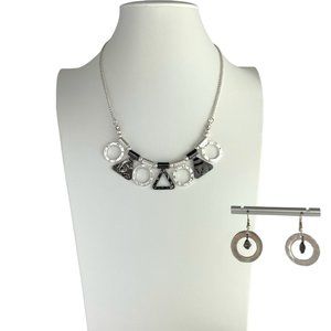 Necklace and Ear Set, 17" - 20", Silver Tone, Black Hematite Tone, Geometrics